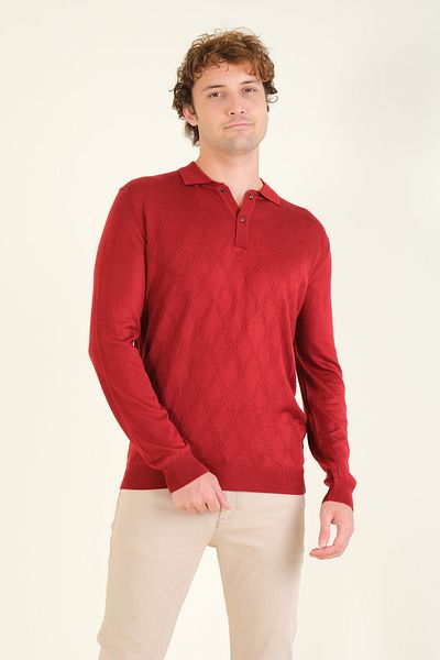 Giyim Dünyası Red Men's Polo Collar Diamond Patterned Mercerized Sweater