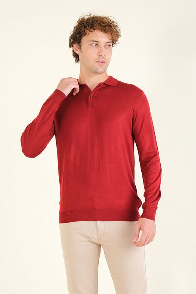 Giyim Dünyası Claret Red Men's Polo Collar Buttoned Sweater