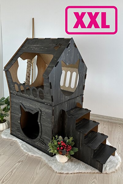 Onix Home XXL MODEL DEKORATİF AHŞAP BÜYÜK TERASLI KEDİ EVİ 5KG VE ÜZERİ KEDİL...