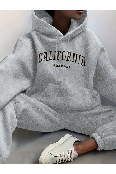 AVOGADRO California Usa Printed Oversize Tracksuit Set - Hooded Bottom and Top Set