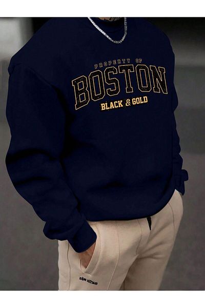 modaberry Boston Gold - Hanorac oversize cu imprimeu bleumarin, decolteu înalt
