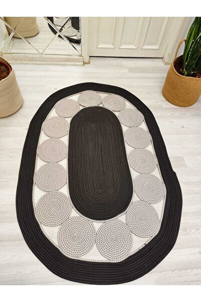bestiva jüt Hasır görünümlü Desenli Modern El Örgüsü oval Halı Kilim