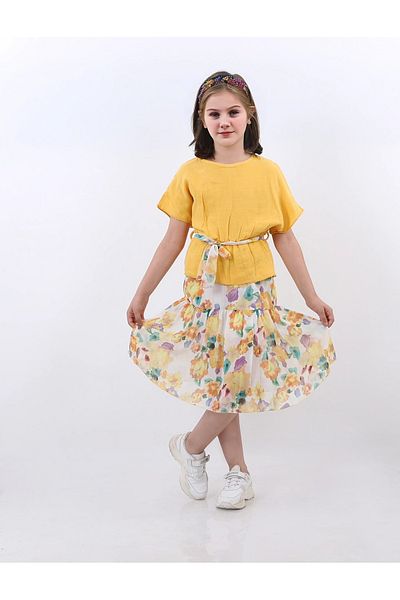 Kamex Set pentru fete cu bluză din muselină muștar și fustă din șifon