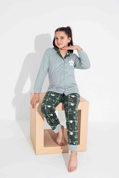 Tarık Daisy Patterned Girls' and Children's Fleece Pajamas Set - Long Sleeve, Buttoned Front, Warm