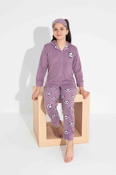Tarık Panda Patterned Girl's Teenager and Children's Fleece Winter Pajamas Set - Long Sleeve, Buttoned Front