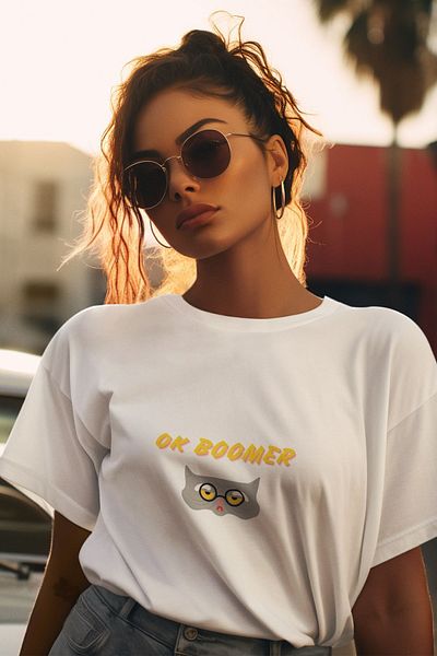 Pink Sky OK Boomer - Λευκό Unisex T-Shirt με στάμπα Cat