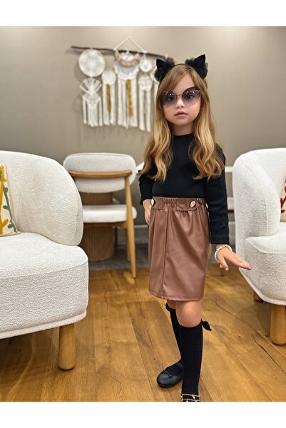 barin kids طقم تنورة وبلوزة جلدية للبنات