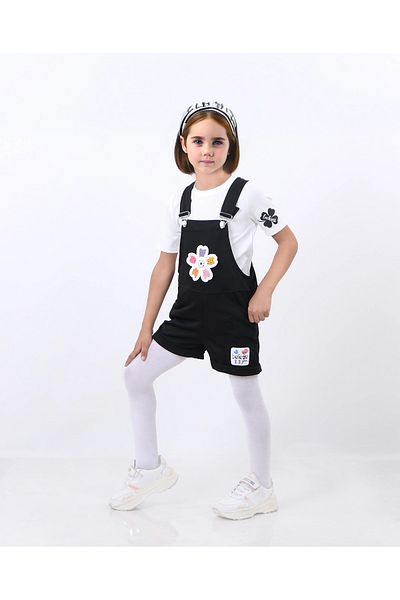 Kamex Daisy Embroidered Black Short Sleeve T-Shirt Salopet for Girl