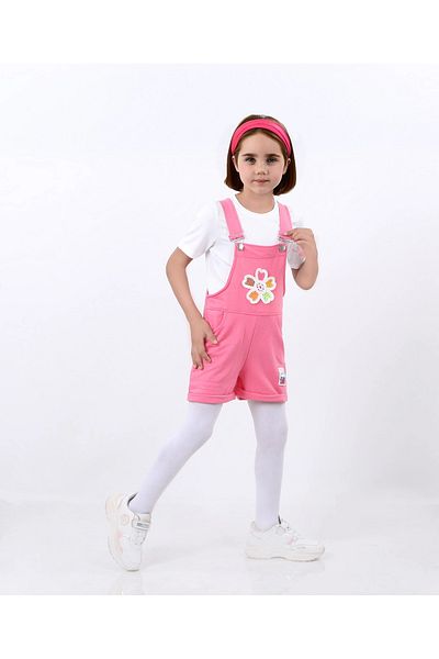 Kamex Tricou roz cu maneca scurta - Salopeta pentru fete brodata cu margarete
