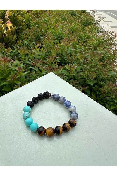 Hisar Doğaltaş Men's Student Success Bracelet - Natural Stone Sodalite, Turquoise and Lava Bracelet