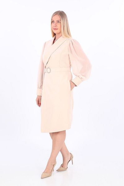 etselements Beige Women's Evening Dress - Double Breasted Neckline and Belt Detail, Ets6222
