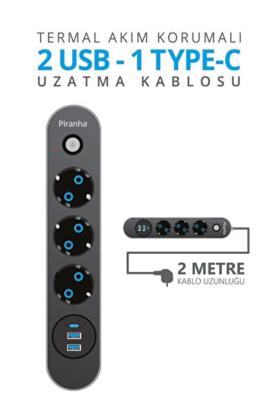 Piranha 45640 Akım Korumalı / 2 X USB - 1 X Type-C Girişli / 3'lü Priz Uzatma Kablosu
