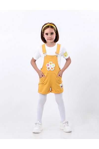 Kamex Yellow Girl's Salopet - Short Sleeve and Daisy Embroidered T-Shirt