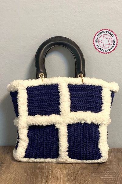 Uretti Rukiye 7294 - Geantă Macrame cu model de blană de frânghie albastră 26cm