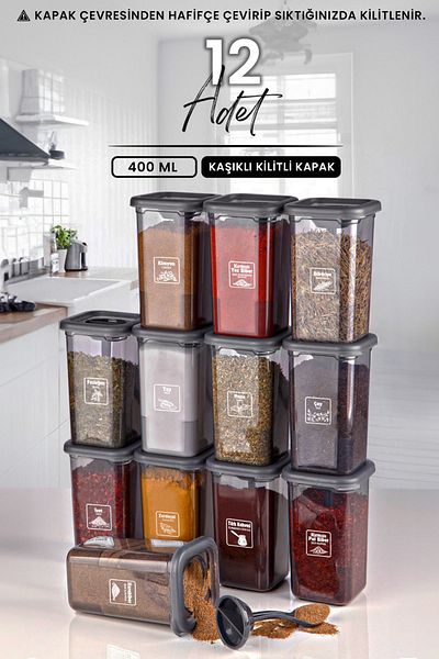 Kitchen Life Set of 12 Labeled and Lockable Lids with Spoons - Lockable Spice Jars
