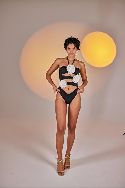 HOLLY LOLLY Removable Floral Detailed Cutout Cut Premium Swagger Swimsuit Black