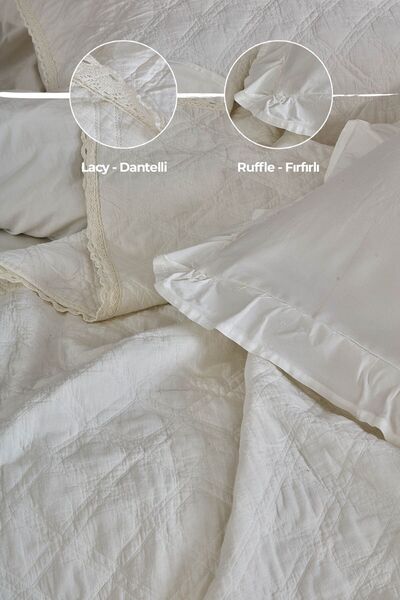 Evlen Home Collection %100 Pamuk Çift Kişilik Taş Yıkama Nevresimli Yatak Örtüsü Seti 7 Parça Yumuşak Barbara Kırık Beyaz