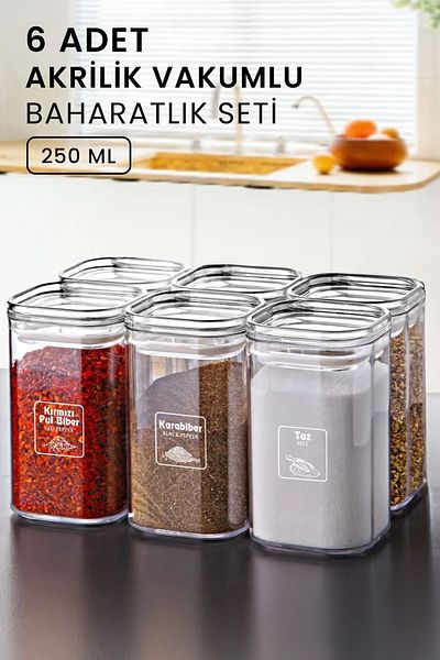 Kitchen Life 6-Piece Acrylic Vacuum Square Spice Bowl Set with Label 250 ML -Spice Bowl Set with Leak-Proof Lid