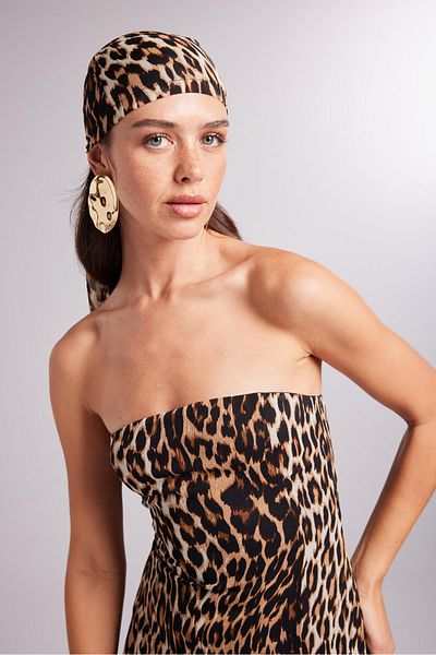 HOLLY LOLLY Leopard Print Slit Mini Aura Dress Coffee