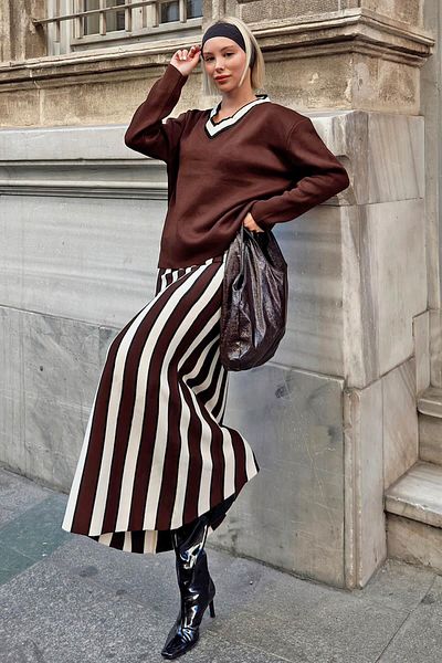 Swist Women's Midi Bottom-top Set - Brown V-neck Striped Sweater and Skirt