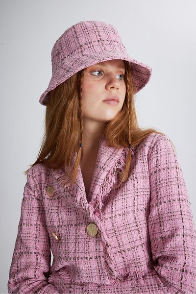 HOLLY LOLLY Tweed Fabric Logo Bucket Tweed Hat Pink