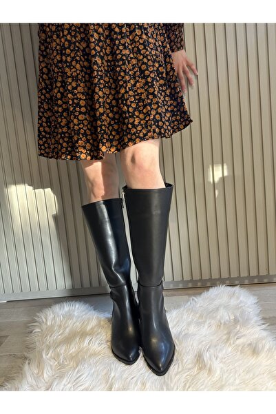 Hermones Almira Siyah Kısa Topuk Uzun Kadın Çizme