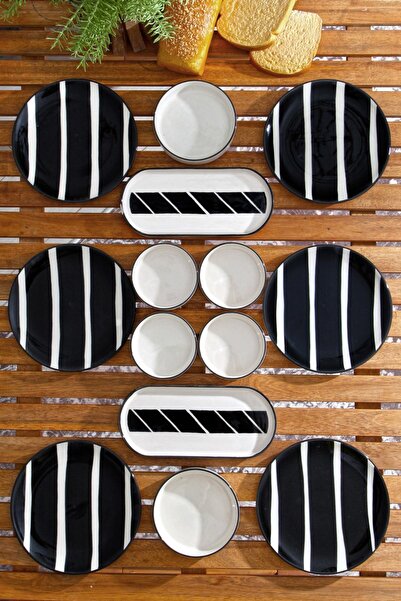 Kitchen Life Set de mic dejun cu dungi negre, stivuibil, pentru 6 persoane, 1...