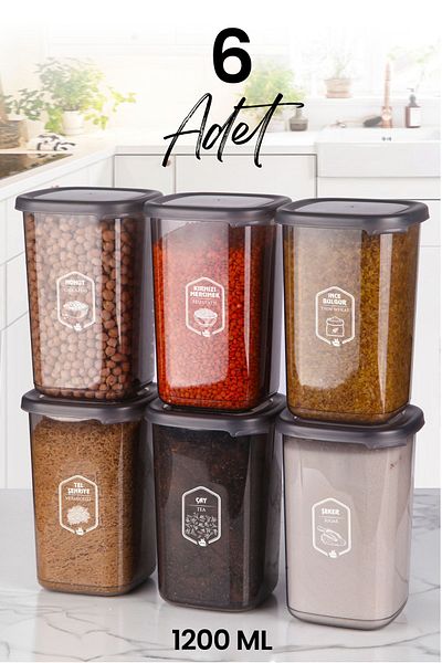 Kitchen Life Set of 6 Square Food Storage Containers with Labels 1200 ml - Organizer Jar with Hard Lid
