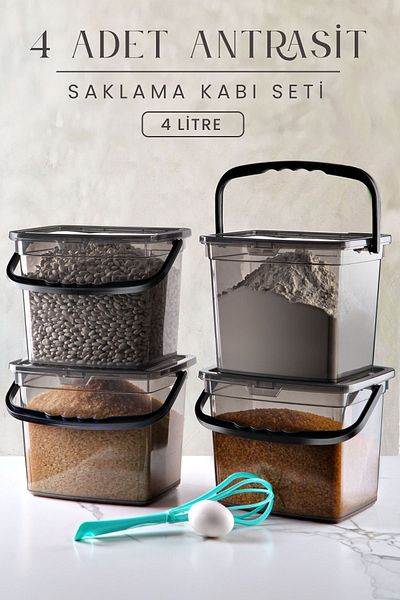 Kitchen Life 4-Piece Mega Size Square Flour Pulses Set - 4 Liter Detergent Holder Storage Box with Handle