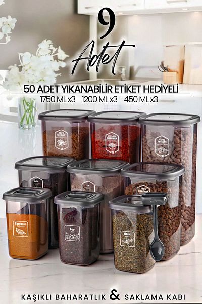 NESS HOME 9-Piece Labeled Square Food Storage Container and Spice Jar Set with Spoon (1750ML 1200ML 400 ML)