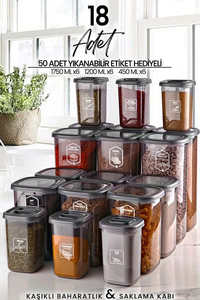 Kitchen Life 18-Piece Labeled Square Food Storage Container and Spice Jar Set with Spoon - (1750ML 1200ML 400 ML)