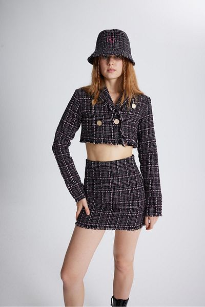 HOLLY LOLLY Tweed Fabric Crop Tweed Jacket Black