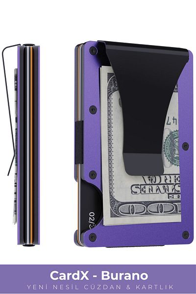 Louise Motto Cardx Burano Clips Portofel și suport pentru carduri de nouă generație - Portofel minimalist din metal - Protecție RFID (VIOLET)