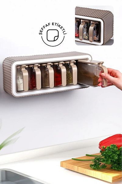 NESS HOME 6-Piece Spice Rack Set with Stand, Self-Adhesive Lid and Spoon - Spice Rack Stand with Handle