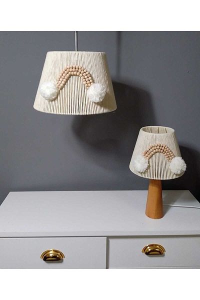 poplinhome Ecru Macrame Chandelier Lampshade Set Wooden Beaded Baby Kids Room E27 Compatible