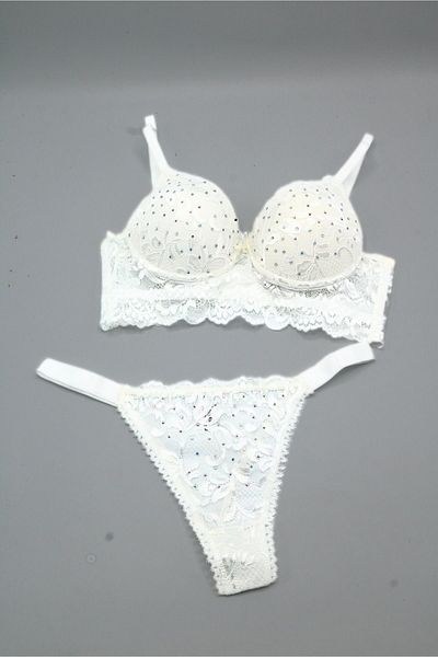 CALİA Thin Strap Bra Set with Lace and Spread Stones - 105