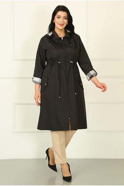 By Alba Collection Γυναικεία Μαύρη Μακριά Καρό Λεπτομέρεια Καμπαρντίνα Plus Size