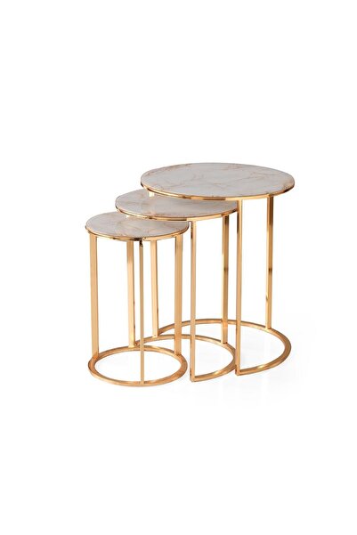 Evistro Yuvarlak Cam Zigon Sehpa 3 Lü Gold Kaplama Mermer Cam