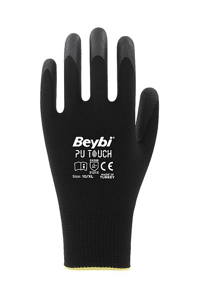 Beybi Pu Touch Polyester Knitted Latex Gloves-Black - 1 Pair