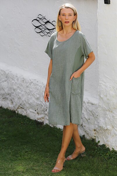 Chiccy Μπεζ-χακί ριγέ στρογγυλό γιακά φόρεμα με τσέπες