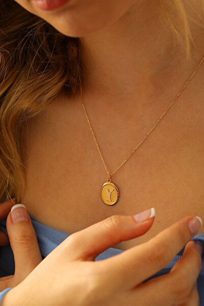 MOOM MÜCEVHERAT Kadın 14 Ayar Altın Harf Kolye Nostaljik Oval Y Harfi Altın K...