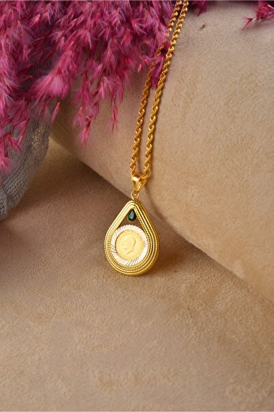 MOOM MÜCEVHERAT Kadın 14 Ayar Altın Çeyrek Altın Çerçeveli Halat Zincirle Birlikte