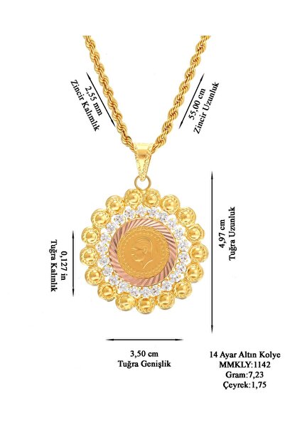 MOOM MÜCEVHERAT Kadın 14 Ayar Altın Çeyrek Altın Çerçeveli Halat Zincirle Birlikte