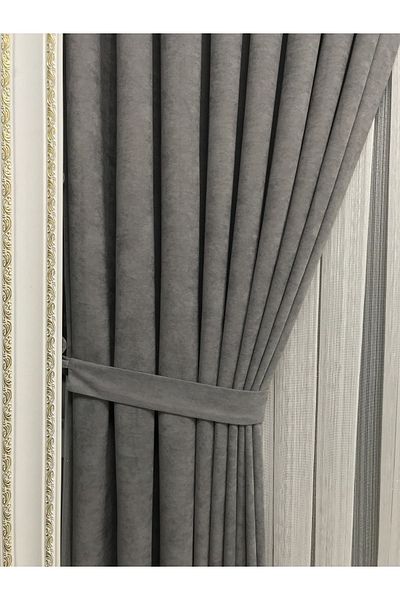 Erdoğanlar Koza Gray Velvet 1/3 Close Pleat - Rustic Hooked Honeycomb Background Curtain Island Backdrop