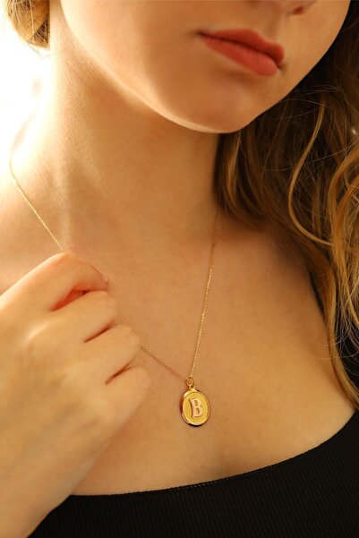 MOOM MÜCEVHERAT Kadın 14 Ayar Altın Harf Kolye Nostaljik Oval B Harfi Altın K...