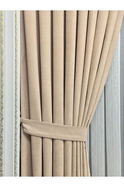 Erdoğanlar Koza Beige Background Curtain - Rustic Hooked Honeycomb Velvet, 1/3 Close Pleat Island Background