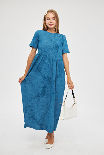 Avones Kadın Asit Yıkama Efektli Cupra Kısa Kollu Büzgülü Örme Maxi Elbise