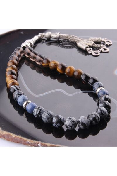 OSMANLI DOĞAL TAŞ Sertifikalı Oğlak Burcu 33'lük Tesbih 8 Mm Dumortierit-obsidyen-kaplan Gözü-göz Akik-dumanlı Kuvars