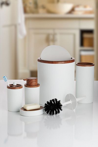 okacih 5 Piece Luxury Bathroom Set Striped Round Dustbin Toothbrush Holder Soap Dish Brush Set