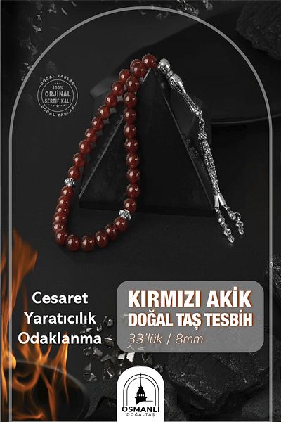 OSMANLI DOĞAL TAŞ مسبحة من الحجر الطبيعي العقيق الأحمر 33 قطعة - 8 ملم